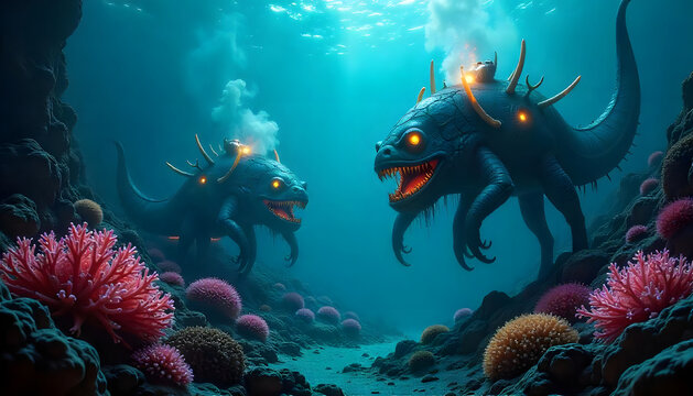 Two fantasy creatures swim in the deep blue sea among the corals in an underwater scene.