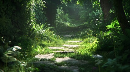 Inspiring scene of a peaceful path through a lush forest inviting nature enthusiasts to discover its hidden wonders