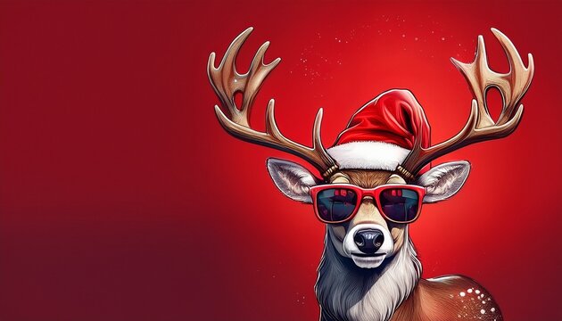 "Frohe Weihnachten Urlaub Winter Gru&szlig;karte mit deutschem Text - Cooles Rentier Hirsch mit Weihnachtsmannm&uuml;tze und Sonnenbrille, isoliert auf weissem Hintergrund.."