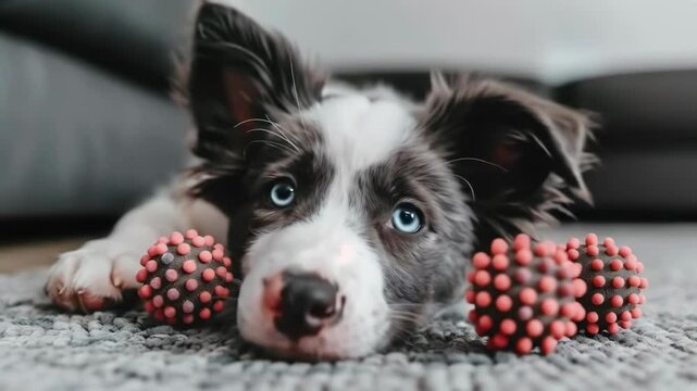 Cute blue merle Border Collie puppy lying with virus-like ball toys footage. Representing pets during pandemic, lockdown life or animal health concerns. View of adorable companion at home. 