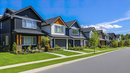 Obraz premium Neat row of suburban homes with different facades and vibrant landscaping under clear blue sky