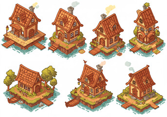 Collection of Eight Isometric Pixel Art Cottages near Water