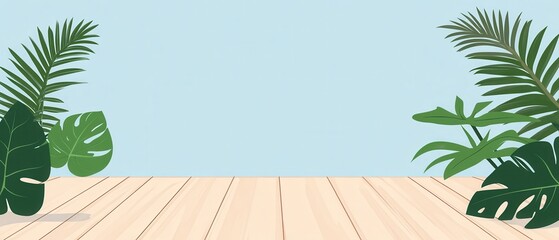 Tropical product display background with wooden surface, monstera leaves, and palm fronds against a light blue wall for summer or naturethemed presentation