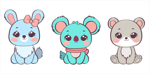 Cute animal faces set. Vector illustration of safari and woodland animal face. Rabbit, bear, koala