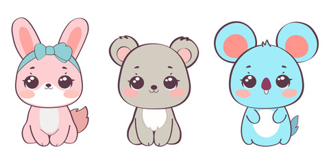 Cute animal faces set. Vector illustration of safari and woodland animal. Rabbit, bear and koala