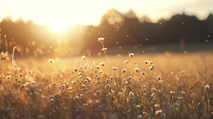 serene field filled with wildflowers glows in warm sunlight, creating peaceful atmosphere