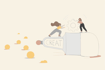 Creativity helps create new ideas, brainstorming drive imagination solve problem and innovation to grow business success, women pushing creativity toothpaste dispenser for creating ideas for business.