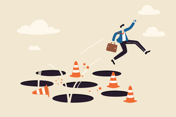 Avoid pitfall, adversity and brave to jump pass mistake or business failure, skill and creativity to solve problem concept, smart businessman jump pass many pitfalls to achieve business success.