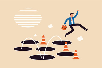 Avoid pitfall, adversity and brave to jump pass mistake or business failure, skill and creativity to solve problem concept, smart businessman jump pass many pitfalls to achieve business success.