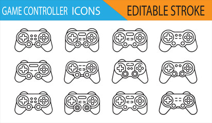 Game controller icons set in editable stroke format, ideal for gaming, technology, and digital designs.
