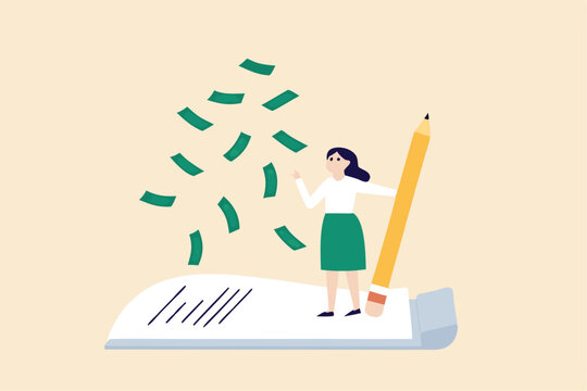 Make money from writing blog online, monetize content, get income or earning from affiliate links concept, success freelance woman blogger or writer catching money banknotes fall from the sky.