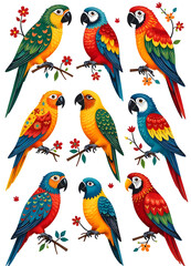 Vibrant collection of colorful parrots with red flowers perched on branches in an illustration.