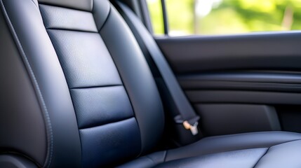 Close-up of a dark leather car seat with blue stitching, showcasing its luxurious texture and comfortable design