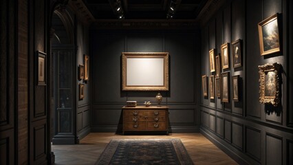 Elegant dark gallery room interior featuring a stylish dresser and reflective mirror with tasteful decor accents