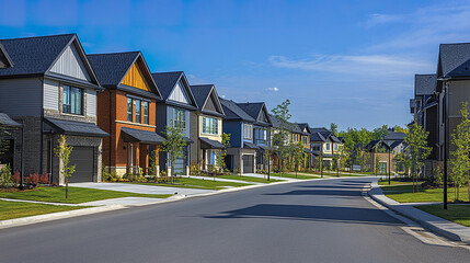 Obraz premium New modern houses line peaceful street in new housing development