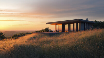 modern house sits atop hill, surrounded by tall grass, under beautiful sunset sky