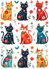 Collection of vibrantly patterned and colorful cats with floral designs on a white background.