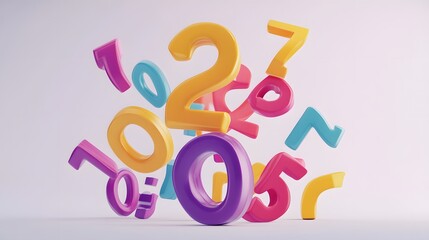 Colorful 3D numbers float and fall against a white background.  Fun, playful and vibrant, ideal for education or playful concepts.