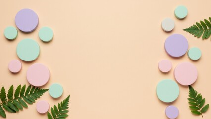 Fototapeta premium Pastel circles with ferns on a beige background
