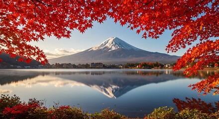 Fototapeta premium Red autumn leaves by serene lake view.