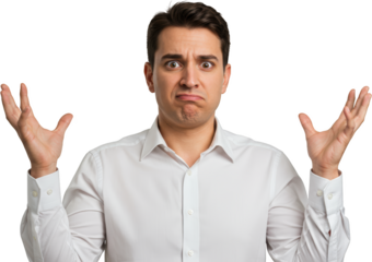Confused man in white shirt with raised hands and questioning expression