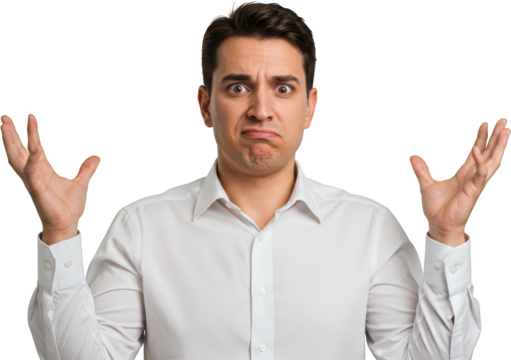 Confused man in white shirt with raised hands and questioning expression
