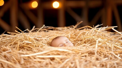 Obraz premium Peaceful infant sleeps soundly nestled in a pile of hay, softly lit background