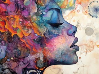 Colorful psychedelic painting of a woman's face with a purple and orange swirl