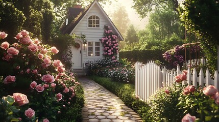 Charming cottage garden path in morning sunlight.