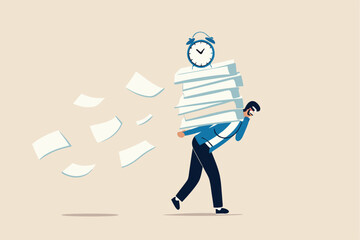 Busy workload and deadline causing exhaustion and burnout, overload or overworked office routine concept, tired businessman carrying heavy documents paperwork with alarm clock deadline on top.