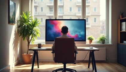Fototapeta premium Empty chair facing computer screen, bright room , empty, waiting
