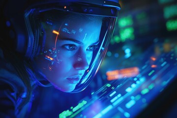 Technician engaged in digital interface analysis inside a high-tech spacecraft during a futuristic exploration mission