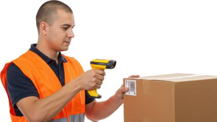 Delivery man scans barcode on cardboard box with yellow handheld scanner