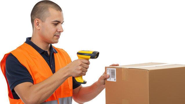 Delivery man scans barcode on cardboard box with yellow handheld scanner