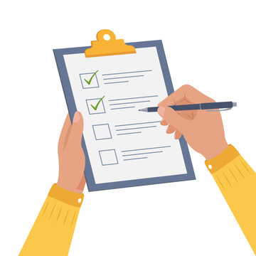 Hands holding clipboard with checklist and pen. Human completing control list with green check marks. Concept for survey, quiz, to-do list, agreement, and productivity. Flat vector illustration.
