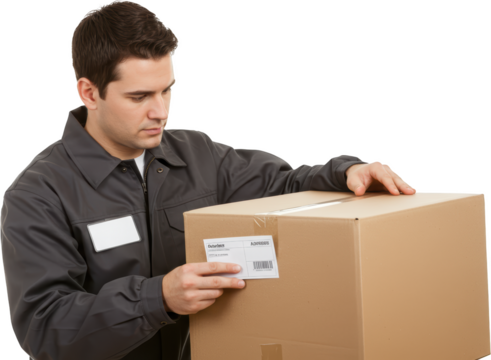 Delivery man inspecting a cardboard box with shipping label in gray uniform