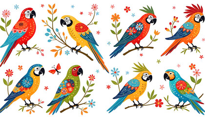 Obraz premium A vibrant illustration showcasing a collection of colorful parrots adorned with floral designs and details.