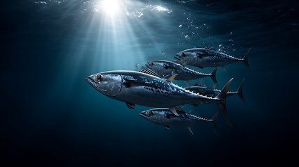 Fototapeta premium Underwater photography of yellowfin tuna school in deep sea ocean wildlife scene with sunbeams and marine life