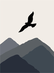Bird Flying Over Mountain Silhouette. Minimalist Vector Illustration