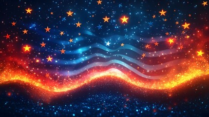 Obraz premium Festive background featuring stars, glowing particle waves and abstract ribbons in blue, red and white creating an inspiring vibe