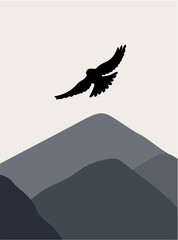 Obraz premium Bird Flying Over Mountain Silhouette. Minimalist Vector Illustration