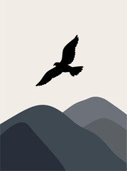 Bird Flying Over Mountain Silhouette. Minimalist Vector Illustration