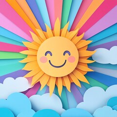 Fototapeta premium Colorful paper sun with vibrant rays and clouds.