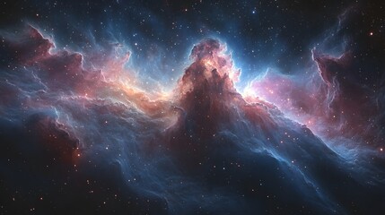 Fototapeta premium Colorful nebula with bright stars forming cosmic cloud in deep dark space, galaxy exploration and interstellar travel concept