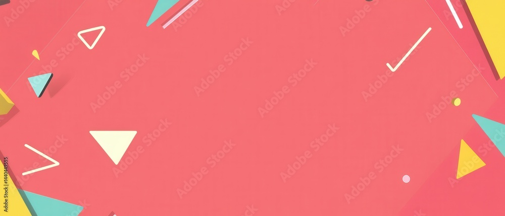 Wall mural playful geometric background with vibrant triangles and lines on coral pink, creating a modern and d