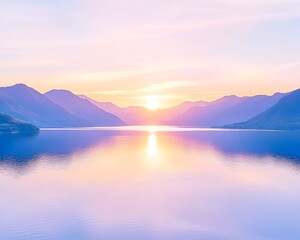 Serene sunrise over calm lake, pastel mountains reflecting in tranquil water