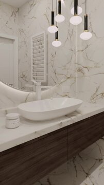Shower room with light marble tiles. Round mirror with backlight. Sink with tap. A wooden cabinet under the sink. 3D video. by CGI studia VizPair