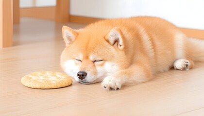 A fluffy, red dog naps peacefully on a light wood floor, a large biscuit beside its head