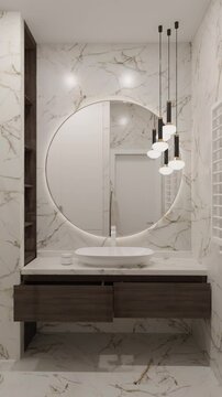 Shower room with light marble tiles. Round mirror with backlight. Sink with tap. A wooden cabinet under the sink. 3D video. by CGI studia VizPair