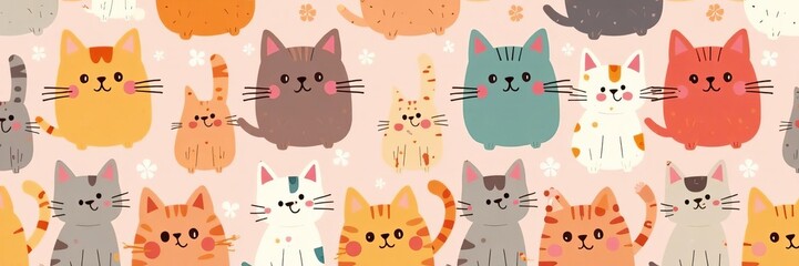 Cute cartoon cats in different colors arranged in a seamless pattern on a pastel background, pattern, pastel, cartoon